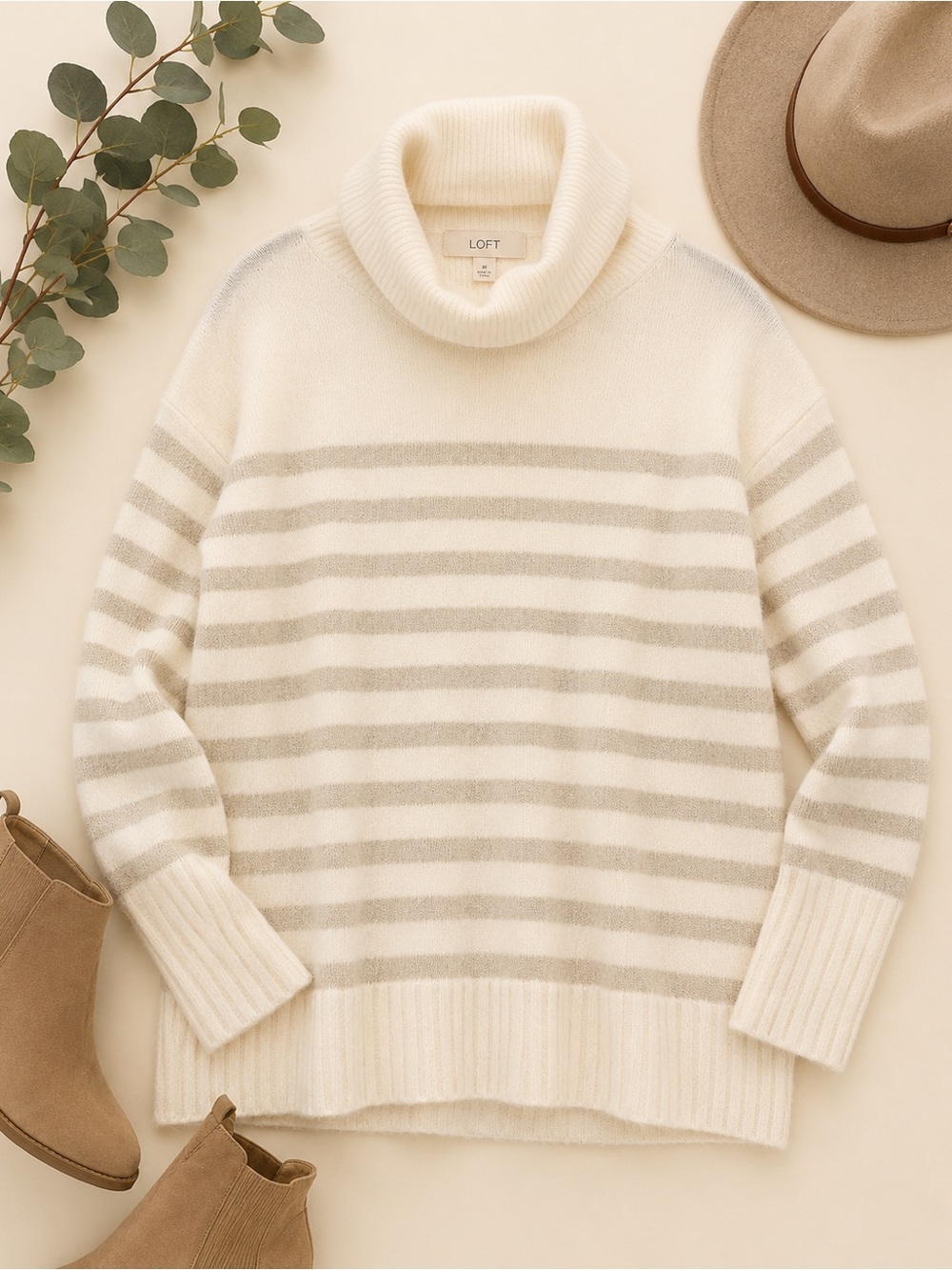 LOFT Cream Metallic Stripe Turtleneck Sweater Medium